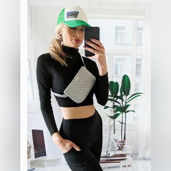 Michael kors signature jacquard belt bag/fanny pack stripe leather logo L/XL - Picture 9 of 10